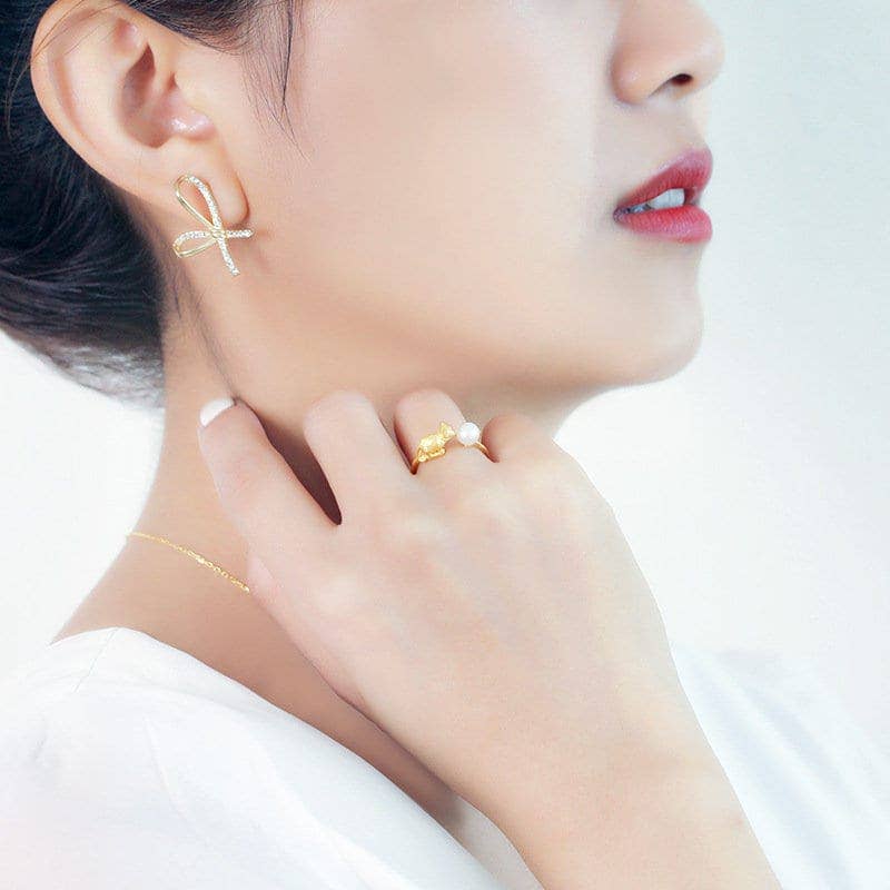 Cute Gold Cat Stackable Ring in 925 Sterling Silver, Pearl: Gold
