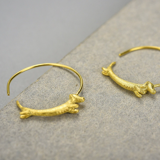Cute Gold Dachshund Dog Hoop Earrings in 925 Sterling Silver: Silver