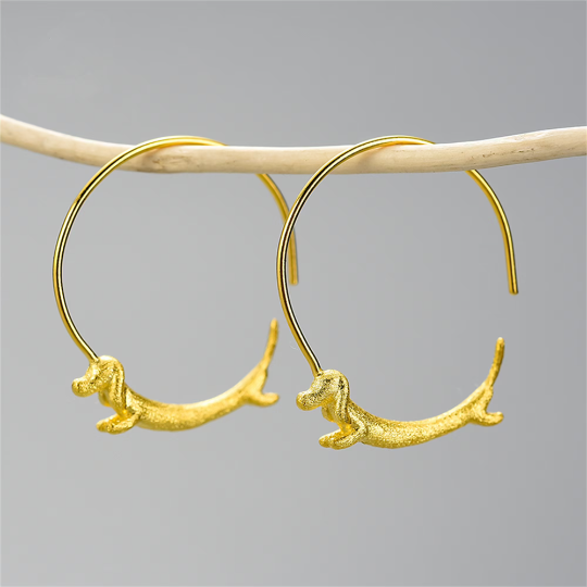 Cute Gold Dachshund Dog Hoop Earrings in 925 Sterling Silver: Gold