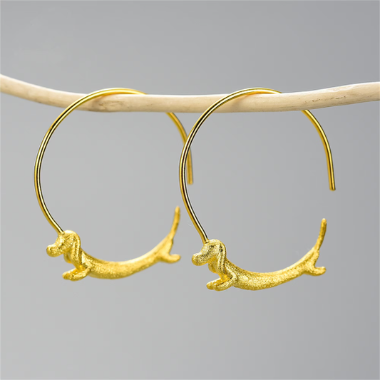 Cute Gold Dachshund Dog Hoop Earrings in 925 Sterling Silver: Gold