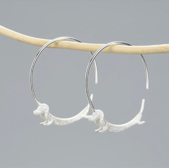 Cute Gold Dachshund Dog Hoop Earrings in 925 Sterling Silver: Silver