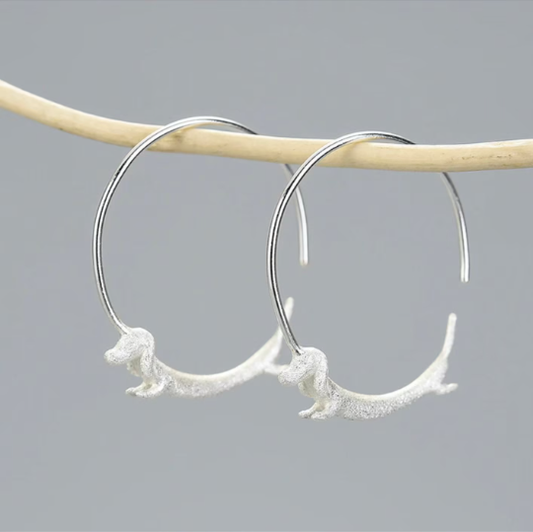 Cute Gold Dachshund Dog Hoop Earrings in 925 Sterling Silver: Silver