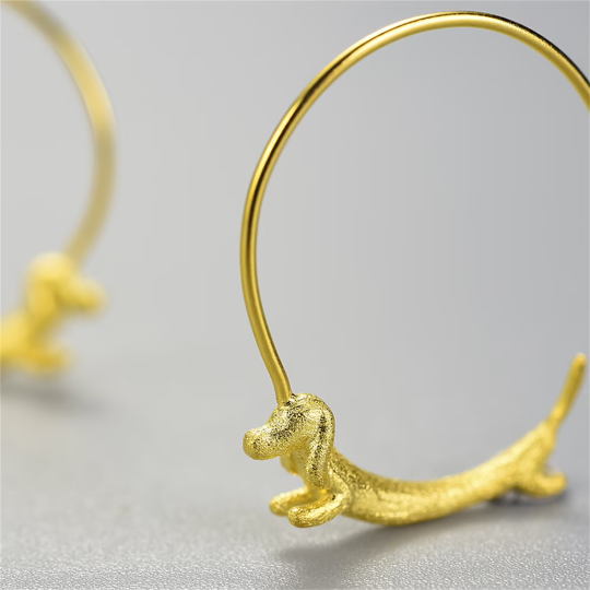 Cute Gold Dachshund Dog Hoop Earrings in 925 Sterling Silver: Silver