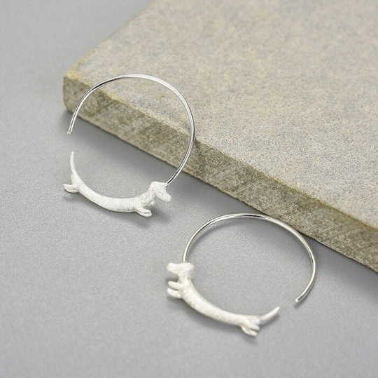 Cute Gold Dachshund Dog Hoop Earrings in 925 Sterling Silver: Silver