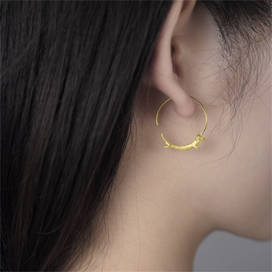 Cute Gold Dachshund Dog Hoop Earrings in 925 Sterling Silver: Silver