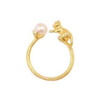 Cute Gold Cat Stackable Ring in 925 Sterling Silver, Pearl: Gold